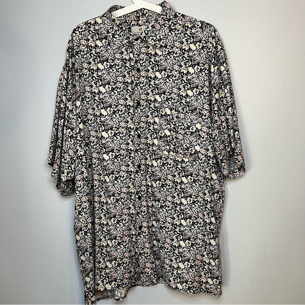 Bobby Chan Men's Size L Silk Bamboo Floral Short Blouse Black Yellow Lightweight - Picture 3 of 11